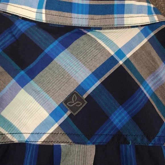 Prana Mens Plaid Short Sleeve Button Up Shirt Blue Gray White Size LRG - Picture 6 of 9